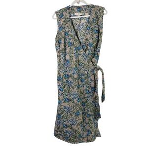 Un Jour Ailleurs Wrap Dress Womens 14 Taupe Blue Floral Ramie Viscose Sleeveless